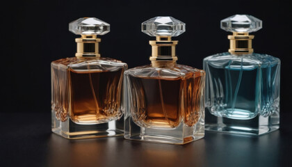 A collection of beautifully shaped crystal-clear perfume bottles elegantly displayed on a dark luxurious backdrop. This striking image is ideal for fragrance industry advertisements and branding.
