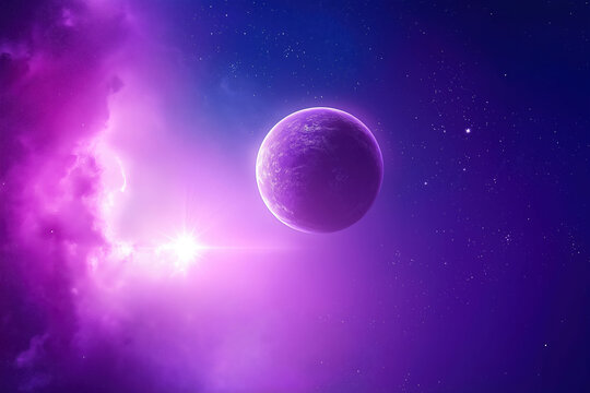 A vibrant purple planet amid cosmic clouds in deep space during a stellar event
