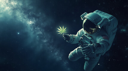 Astronaut floating in space holding a glowing cannabis leaf against a cosmic background