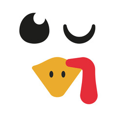 Funny winking turkey face design. Cute Thanksgiving element for kids. Isolated vector illustration in flat style