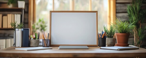 Clean and organized personal finance workspace, highlighting a whiteboard with financial goals and a clear agenda, promoting focus and productivity