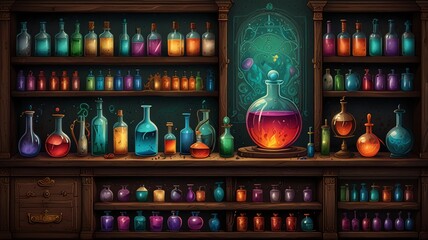 A magical potion shop with shelves of colorful bottles.