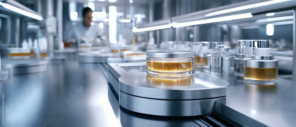 Poster dynamic shot of a modern face cream production facility, showing workers overseeing the process of f