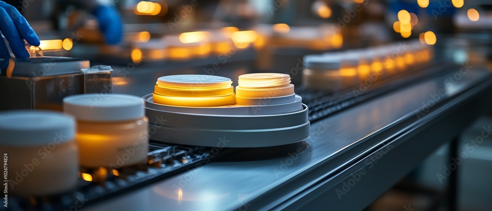 Poster dynamic shot of a modern face cream production facility, showing workers overseeing the process of f
