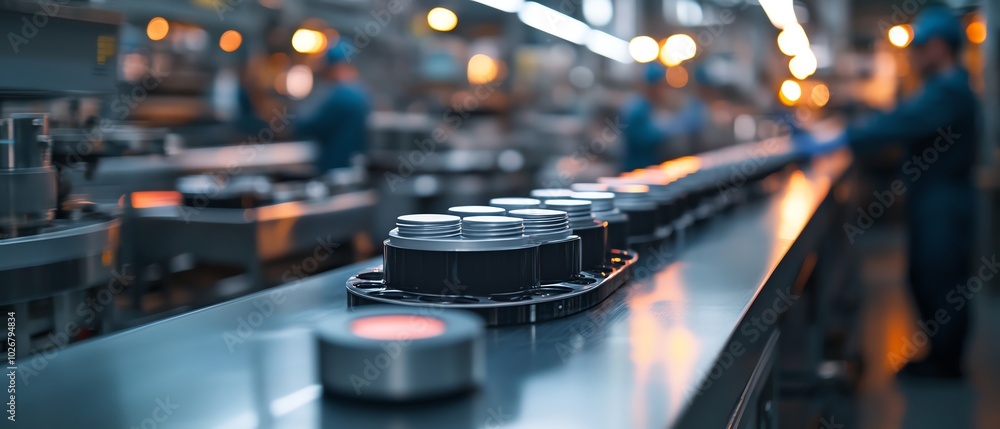 Poster dynamic shot of a modern face cream production facility, showing workers overseeing the process of f