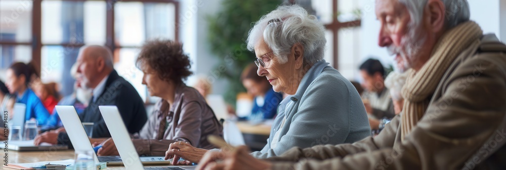 Poster a group of elderly individuals actively learning digital skills in a community center environment us