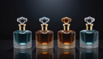 A collection of beautifully shaped crystal-clear perfume bottles elegantly displayed on a dark luxurious backdrop. This striking image is ideal for fragrance industry advertisements and branding.