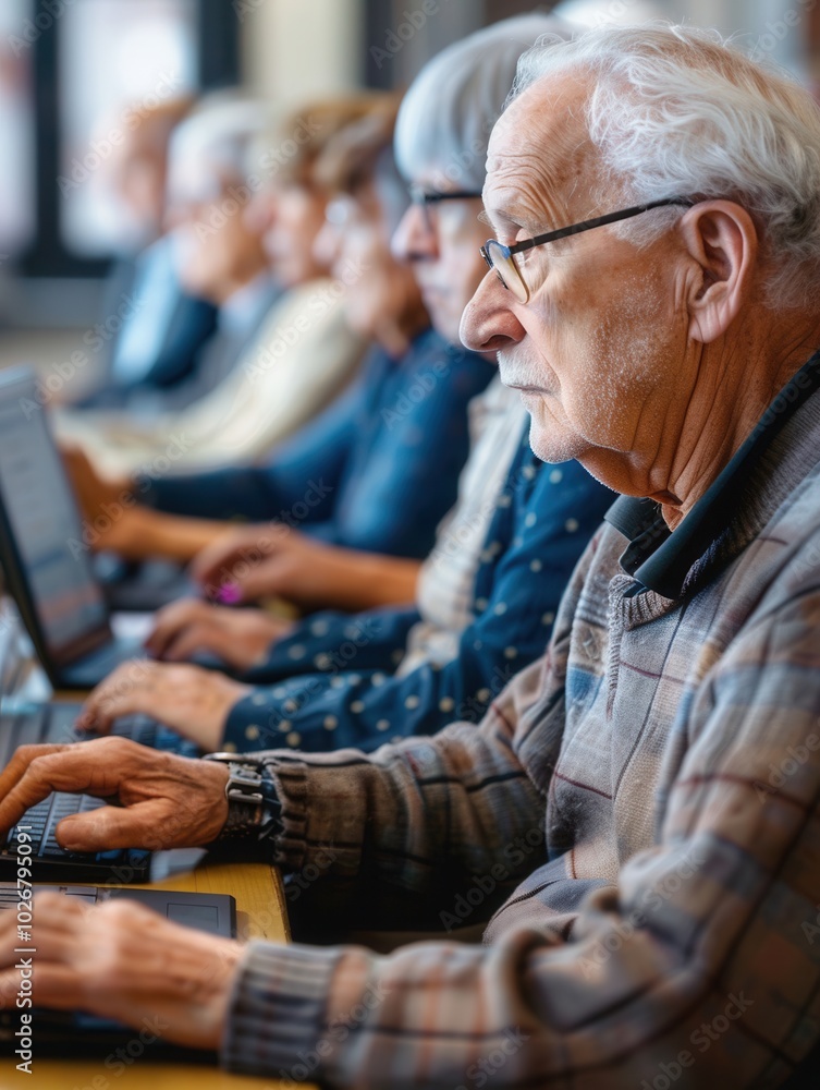 Poster a group of elderly individuals engages in a computer course, improving their skills with laptops in 