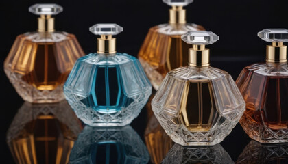 A collection of beautifully shaped crystal-clear perfume bottles elegantly displayed on a dark luxurious backdrop. This striking image is ideal for fragrance industry advertisements and branding.