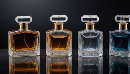 A collection of beautifully shaped crystal-clear perfume bottles elegantly displayed on a dark luxurious backdrop. This striking image is ideal for fragrance industry advertisements and branding.