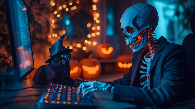 Skeleton in suit typing on computer with black cat and Halloween decorations.