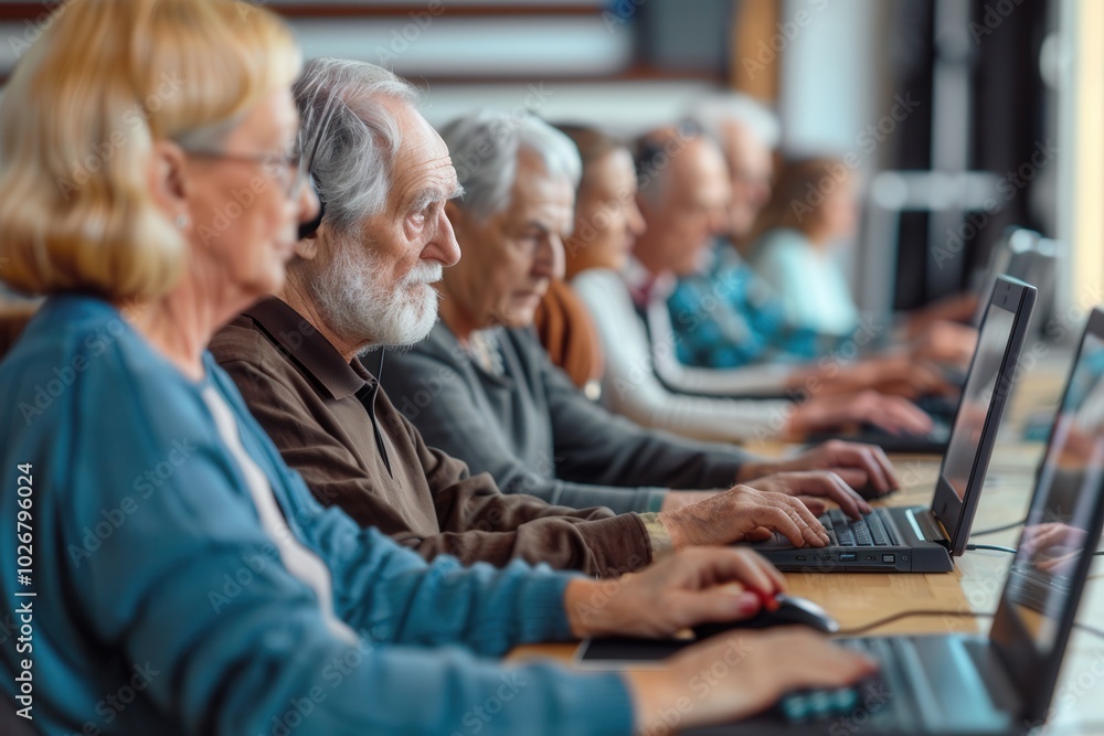 Poster a group of elderly learners works diligently on laptops, focusing on their computer skills at a comm