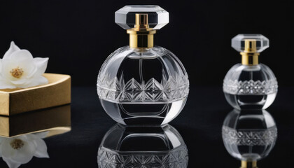 A collection of beautifully shaped crystal-clear perfume bottles elegantly displayed on a dark luxurious backdrop. This striking image is ideal for fragrance industry advertisements and branding.