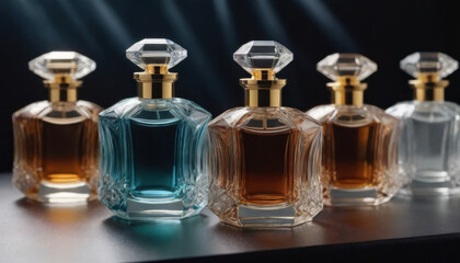 A collection of beautifully shaped crystal-clear perfume bottles elegantly displayed on a dark luxurious backdrop. This striking image is ideal for fragrance industry advertisements and branding.