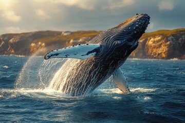 Fototapeta premium Humpback Whale Breaching in the Open Sea at Sunset, Captured with Splashes in a Majestic Display of Power and Grace 