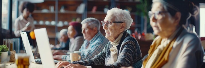 A group of elderly participants focuses on their laptops during a computer class aimed at enhancing digital literacy and skills. Generative AI