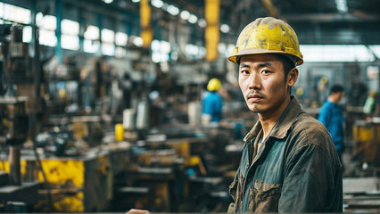 A Chinese worker in a factory, industrial field, a realistic style of portrait