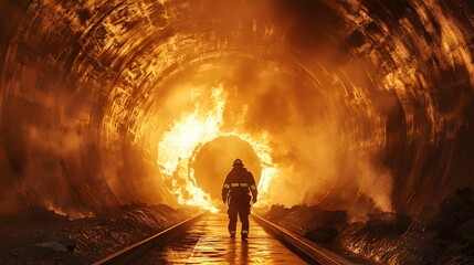 Firefighter Walking Through a Tunnel on Fire.