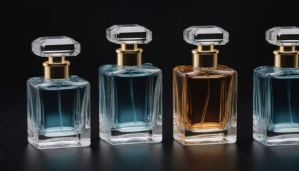 A collection of beautifully shaped crystal-clear perfume bottles elegantly displayed on a dark luxurious backdrop. This striking image is ideal for fragrance industry advertisements and branding.