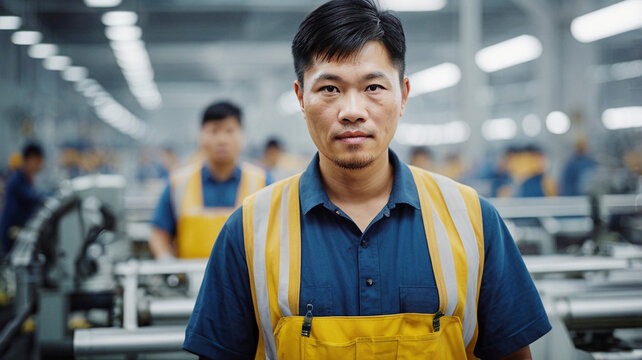 A Chinese worker in a factory, industrial field, a realistic style of portrait