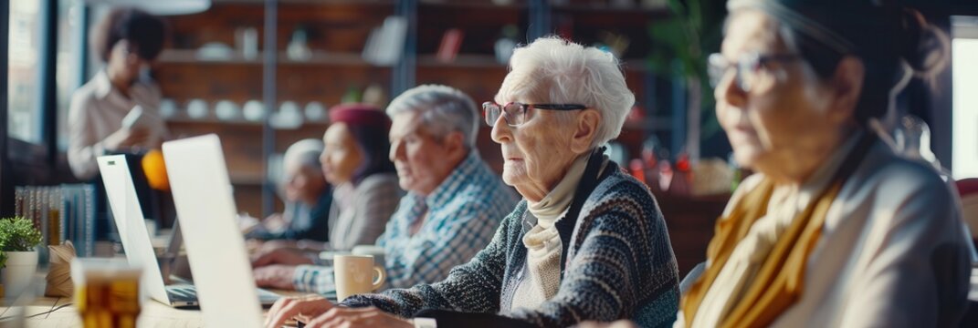 A group of elderly participants focuses on their laptops during a computer class aimed at enhancing digital literacy and skills. Generative AI