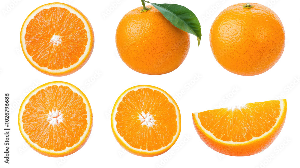 Aufkleber fresh oranges displayed whole and sliced on a clean background generative ai