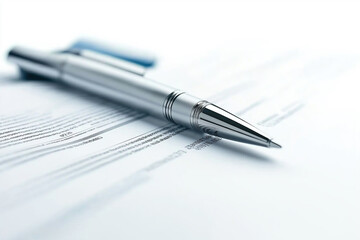 Close-up of a silver pen resting on important documents in a bright office space