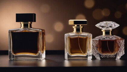 A collection of beautifully shaped crystal-clear perfume bottles elegantly displayed on a dark luxurious backdrop. This striking image is ideal for fragrance industry advertisements and branding.