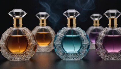 A collection of beautifully shaped crystal-clear perfume bottles elegantly displayed on a dark luxurious backdrop. This striking image is ideal for fragrance industry advertisements and branding.