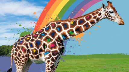 Obraz premium A Beautifully Painted Giraffe Stands Proudly in a Vibrant Field Under a Rainbow, Showcasing Its Artistic Coat Under a Clear Sky. Generative AI