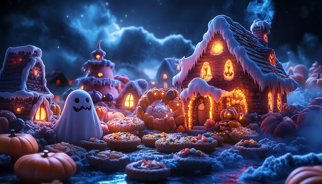 Creative portrayal of a Halloweenthemed candy and cookie assortment, with ghostly designs and bright colors, set against a dark, atmospheric backdrop