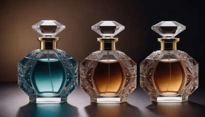 A collection of beautifully shaped crystal-clear perfume bottles elegantly displayed on a dark luxurious backdrop. This striking image is ideal for fragrance industry advertisements and branding.