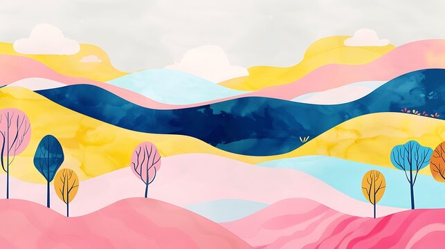 A fun and vibrant abstract landscape featuring rolling hills in bold colors like pink, yellow, and blue, with playful shapes representing trees and clouds. 8k UHD, suitable for high-quality 