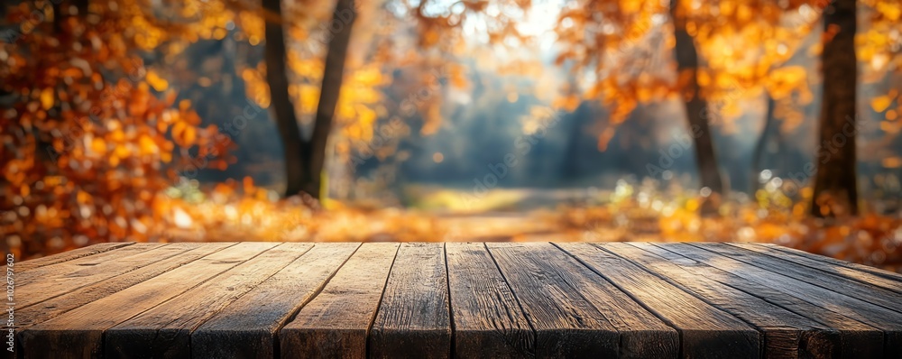 Poster elegant representation of a wooden table placed in a tranquil autumn forest, with soft light highlig