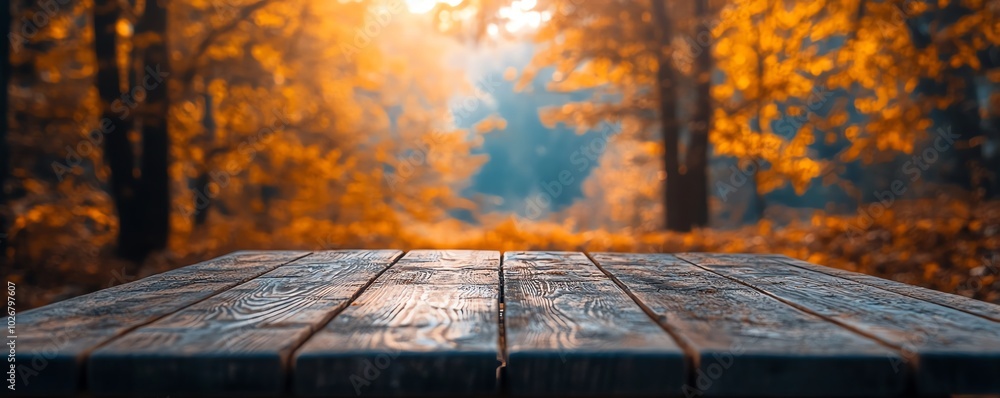 Poster elegant representation of a wooden table placed in a tranquil autumn forest, with soft light highlig