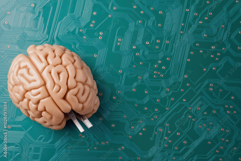 Poster exploring the connection between technology and human intelligence on a circuit board