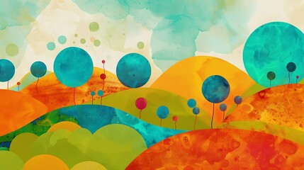 A colorful abstract landscape with bright orange and green hills, a turquoise sky, and playful circles and squiggles representing trees and clouds. 8k UHD, suitable for high-quality printing 