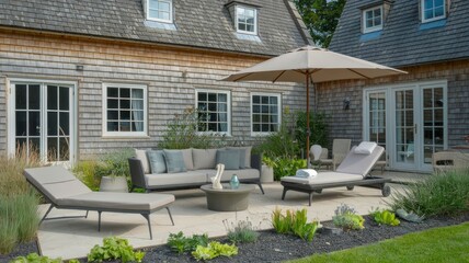 A Serene Modern Garden Lounge With Comfortable Seating and Elegant Patio Umbrella in a Lush Outdoor Setting at Midday. Generative AI