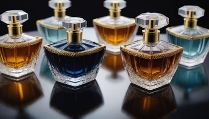 A collection of beautifully shaped crystal-clear perfume bottles elegantly displayed on a dark luxurious backdrop. This striking image is ideal for fragrance industry advertisements and branding.