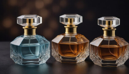 A collection of beautifully shaped crystal-clear perfume bottles elegantly displayed on a dark luxurious backdrop. This striking image is ideal for fragrance industry advertisements and branding.