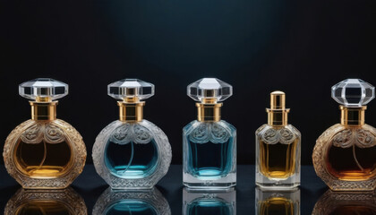 A collection of beautifully shaped crystal-clear perfume bottles elegantly displayed on a dark luxurious backdrop. This striking image is ideal for fragrance industry advertisements and branding.