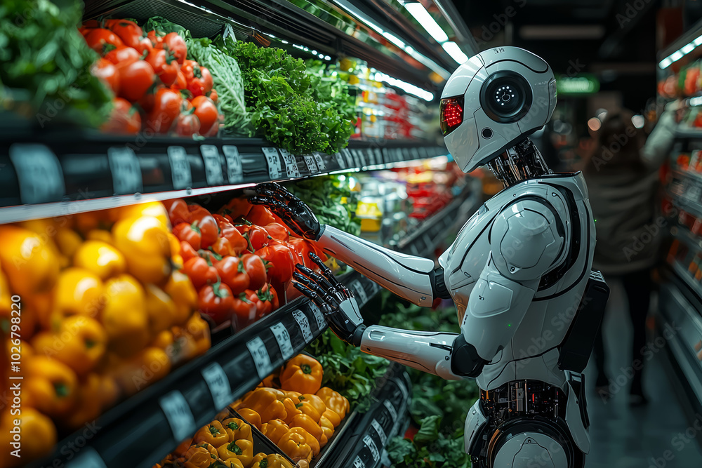 Poster an ai-powered robot assisting customers at a high-tech supermarket, providing personalized recommend