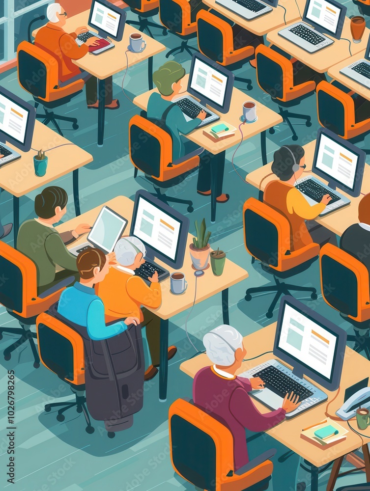 Aufkleber a diverse group of elderly learners engages in computer courses using various laptops and desktops i