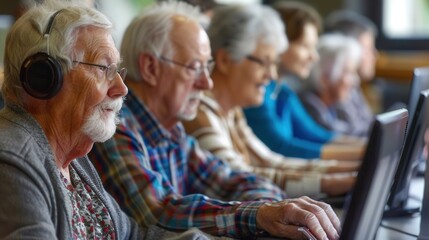 A group of elderly individuals focuses on computer training, learning valuable skills while using laptops and desktop computers. Generative AI