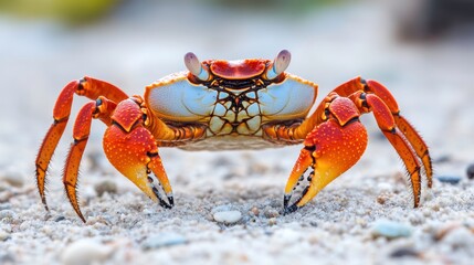 A Vibrant Red Crab Scuttles Across the Sandy Beach, Showcasing Its Stunning Details in the Gentle Sunlight of a Coastal Paradise. Generative AI