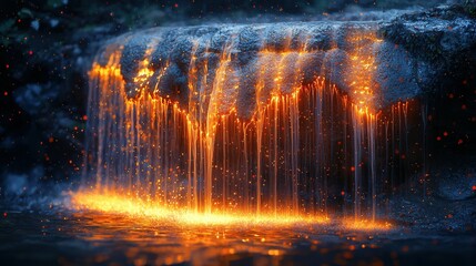 Naklejka premium A stunning view of a waterfall with glowing orange light, cascading over rocks. The scene is lit up by vibrant splashes, creating a magical atmosphere.