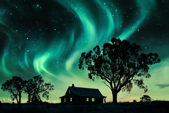 Aurora Australis greens and yellows over an outback farm with gum trees cabin, Travel poster style