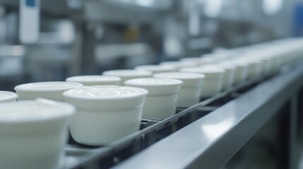 Fototapeta premium A Close-Up View of Yogurt Containers Moving Along the Production Line in a Bustling Dairy Factory During a Busy Operational Day. Generative AI
