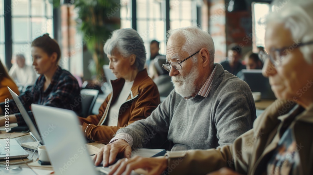 Poster a group of older adults focuses on their laptops, participating in computer courses to enhance their