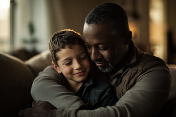 Obraz premium Interracial Father's day, happy family, boy and his dad at home